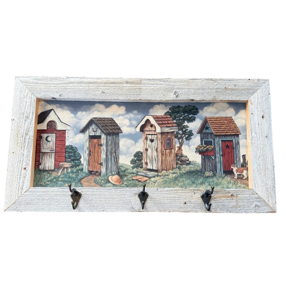 Rustic Outhouse Wall Art 3 Hook Coat Rack Wood Frame 27x14 Farmhouse